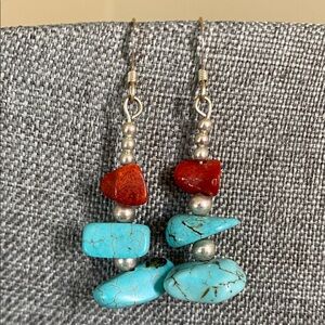 Turquoise & Red Coral Dangle Earrings | Boho Southwestern | Silver Tone Hooks